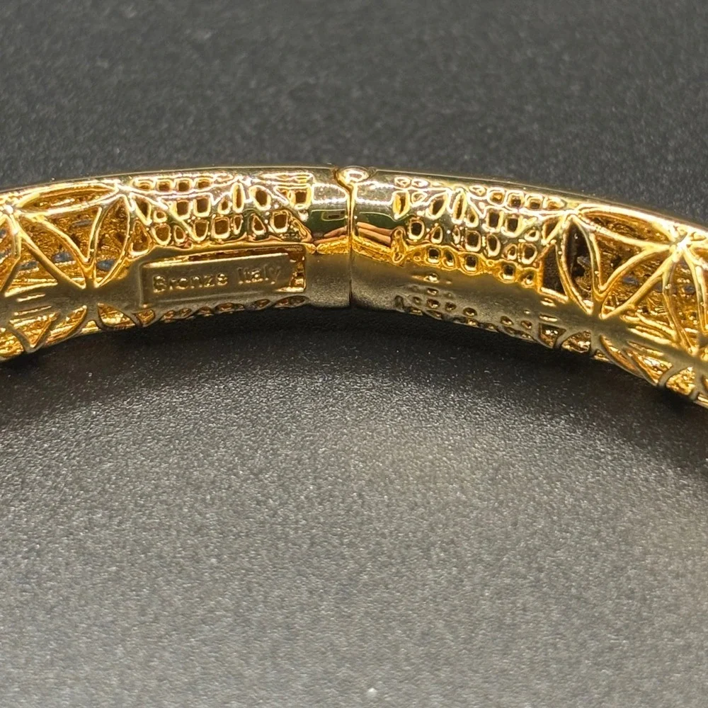 Italian Bronze Gold Tone Filigree Scroll Hinged Bangle Bracelet.  Made in Italy